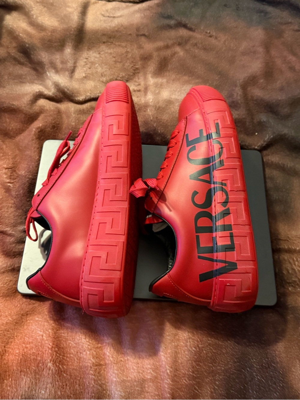 Versace Red Leather Low-Top Sneakers with Black Logo.  Barely worn 2x.  NO BOX.